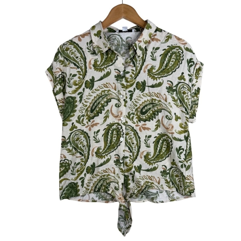Cece Womens Short Sleeve Button Up Tie Front Top Size Small Green White Paisley